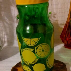 RETRO.."STARS" LEMONY..GREEN HANDPAINTED GLASS JUICE JAR WITH LID